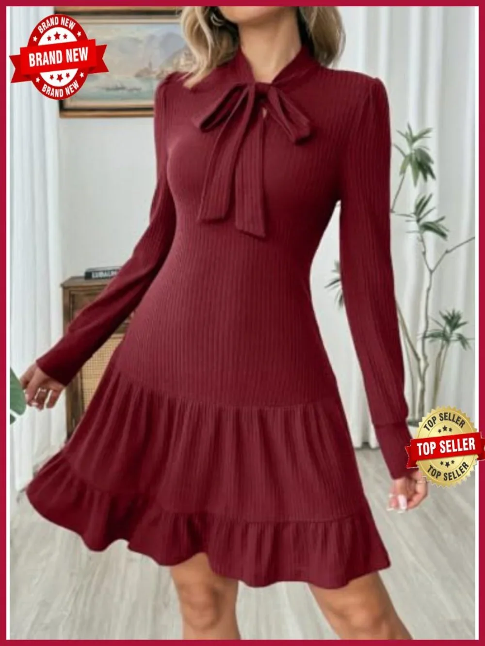 Long Sleeve Tie Knot Ribbed Knit Babydoll Dress Mini A Line Swing Fall